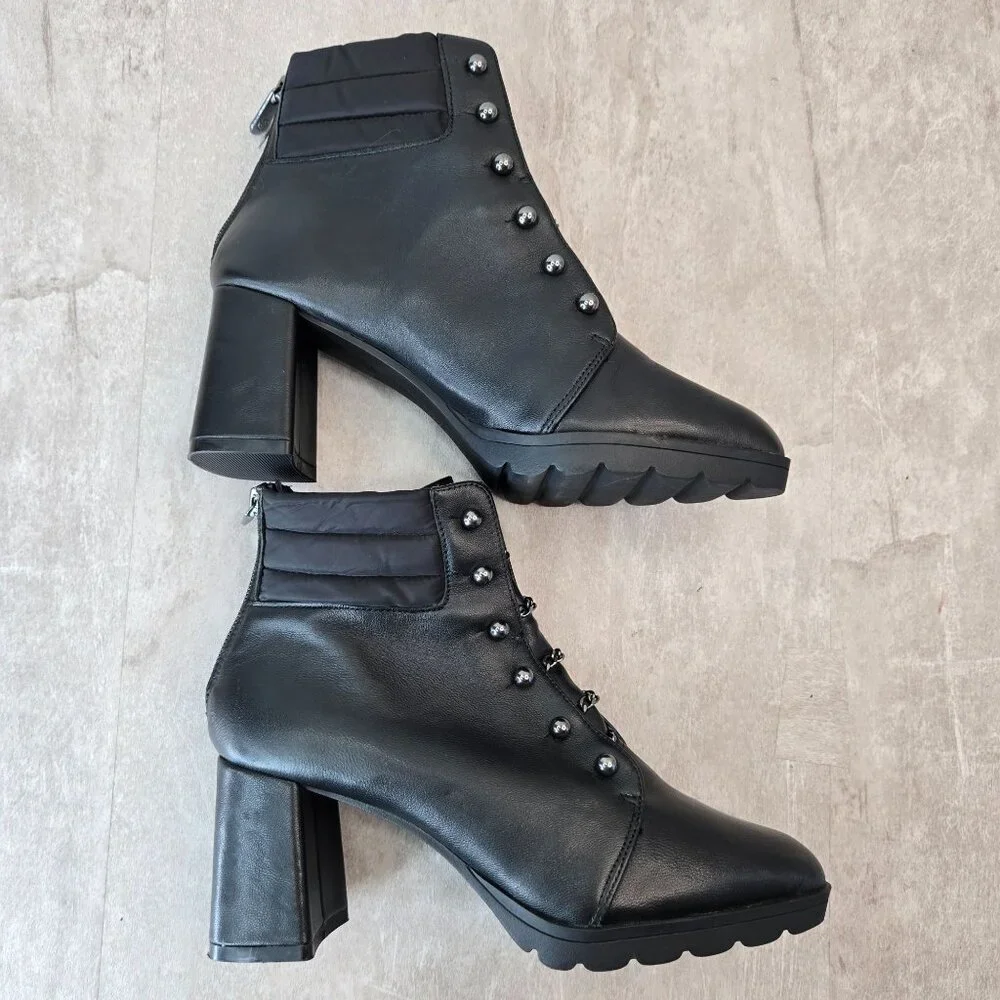 Block Heel Ankle Boots Sz 6.5 Black Leather Chain Pointed Toe Goth Grunge Bootie